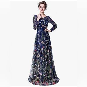 Women's Floral Embroidered Long Sleeve Maxi Dress